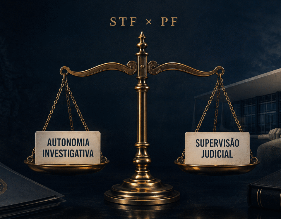Balança simboliza a tensão entre autonomia investigativa da Polícia Federal e supervisão judicial do STF, diante dos edifícios das duas instituições.